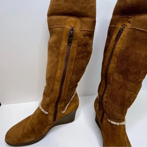 UGG Women's Sandra S/N 5449 Tan Leather Shearling Tall Wedge Boots Size 8 - Picture 10 of 16